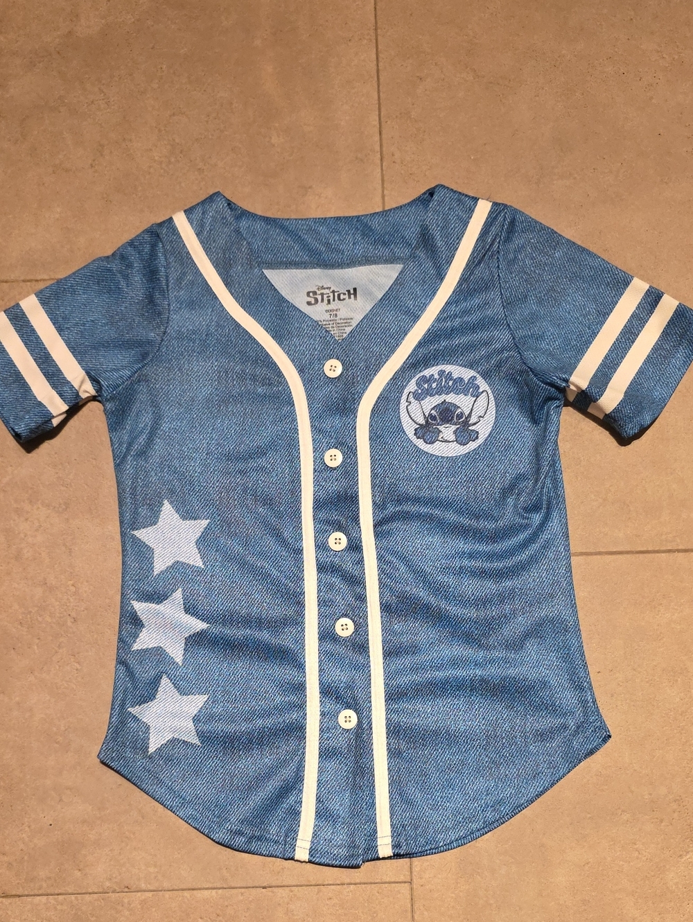 Disney Blue Stitch Baseball-Style Kids Jersey. Size 7/8